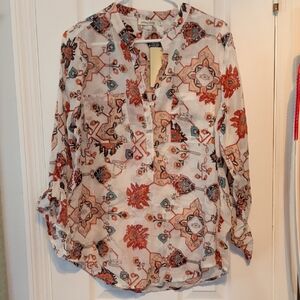 Women's Cream Button-Down Shirt with Rust & Teal Floral Tile Print Sz XL NWT